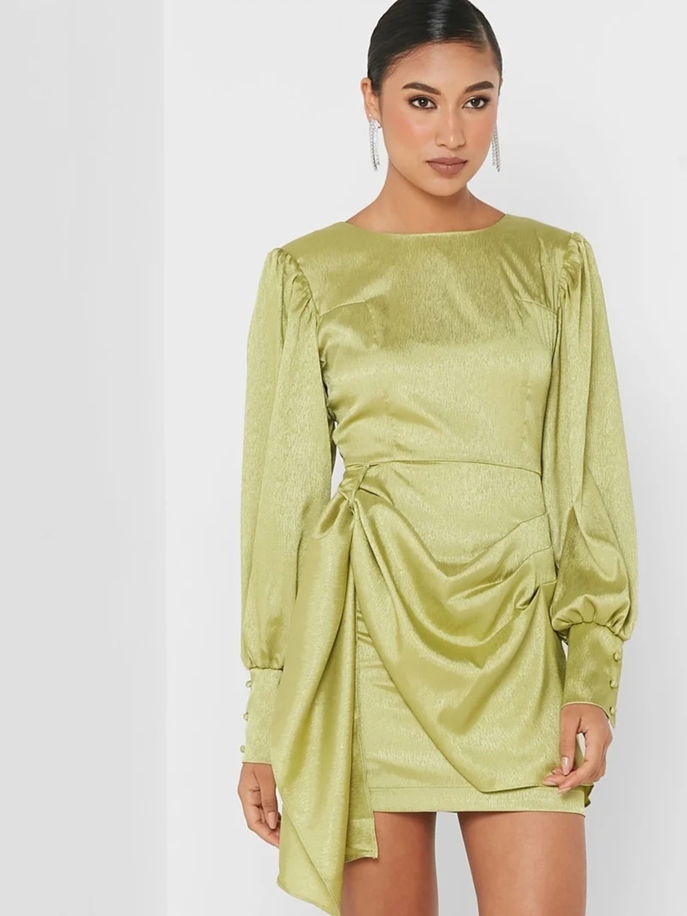 Elegant Lime Green Satin Draped Mini Dress Ghospell Hideaway Satin Mini Sz Small - Picture 2 of 8
